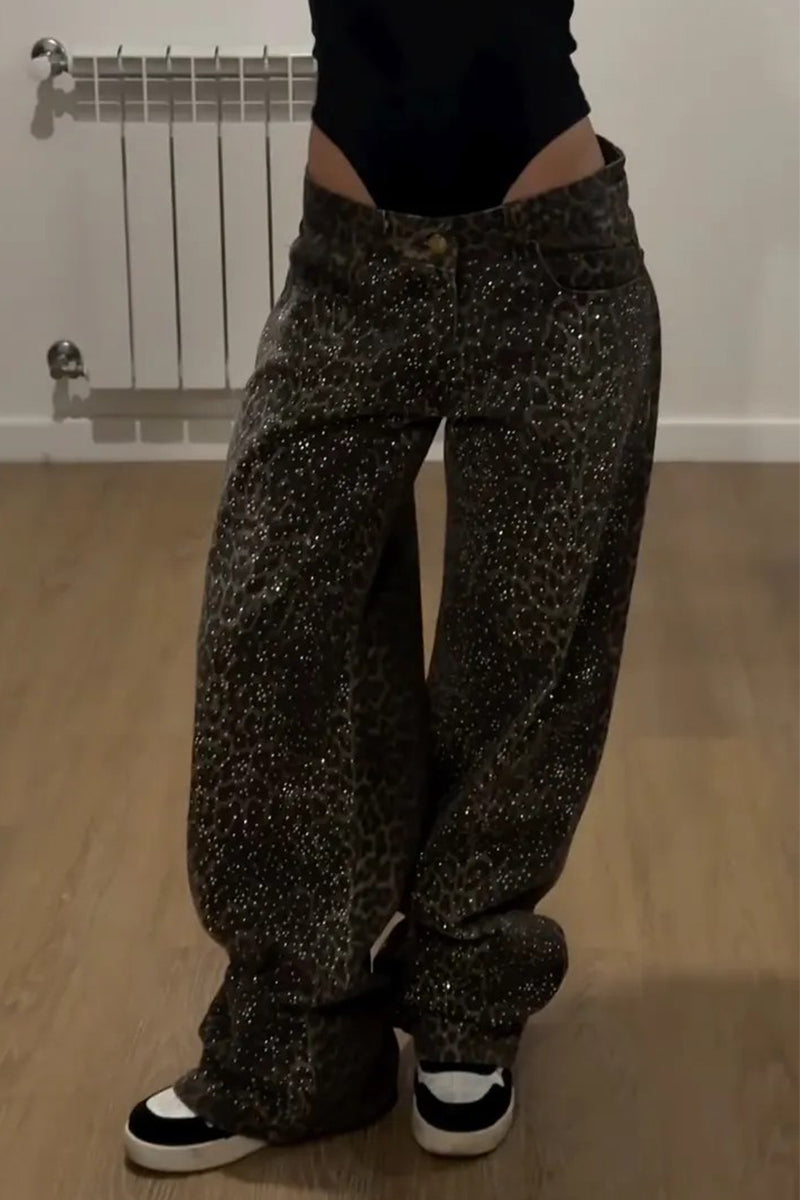 Women's Leopard Print Hot Stamping Rhinestone Casual Jeans