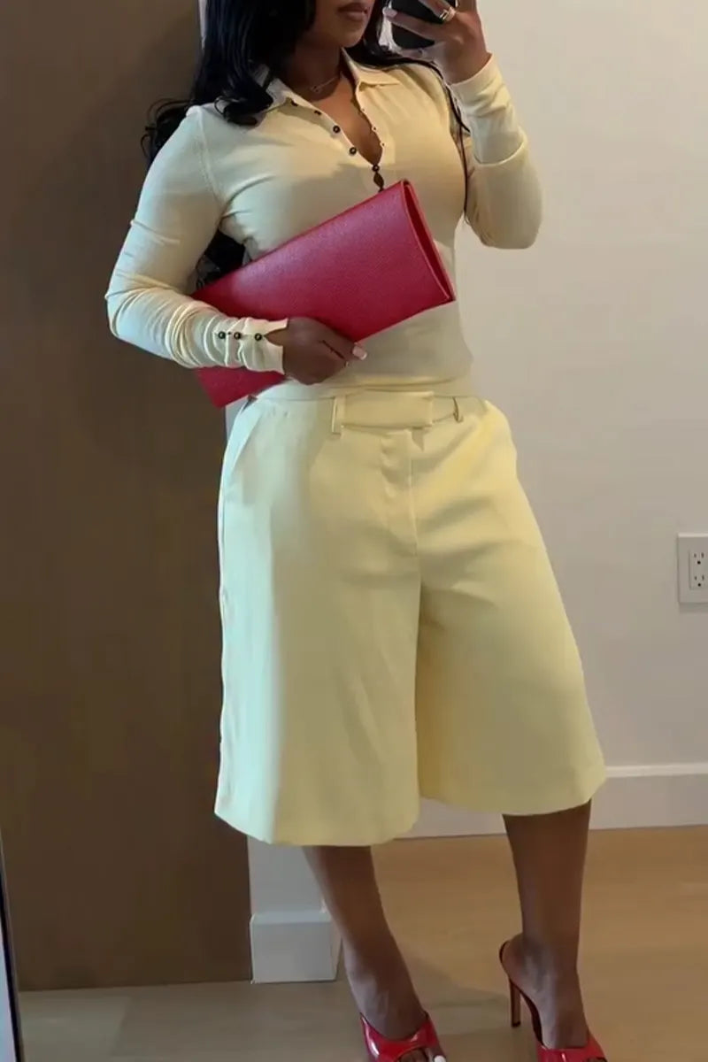 Women Casual Collared Breasted Top or Wide Leg Cropped Pants