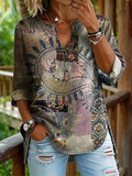 Women's Vintage Floral Print Casual V-neck Washed Cotton Denim Shirt
