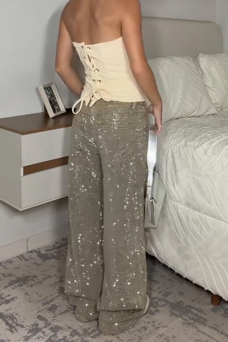 Women Make Vintage Glitter Casual Wide Leg Jeans
