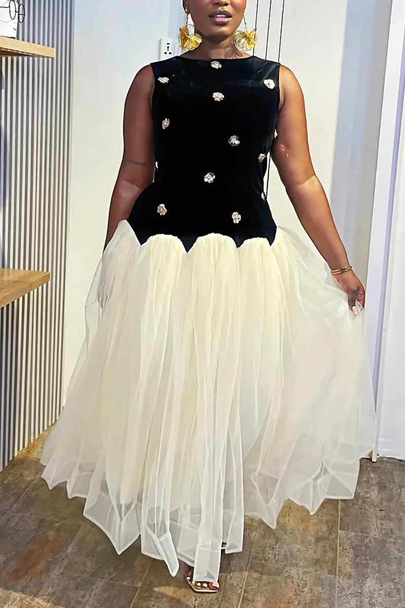Women's Casual Sleeveless Rhinestone Velvet Top Tulle Maxi Dress