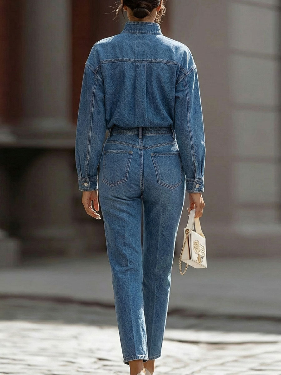 Women's Casual Denim Set: Loose-fit Long-sleeve V-neck Shirt & High-waisted Straight-leg Pants