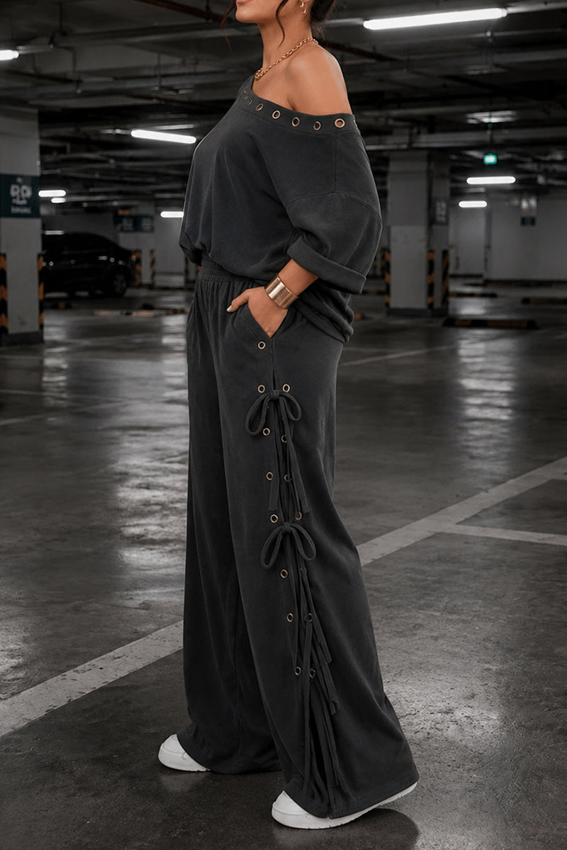 Women's Off-Shoulder Knit Top and Wide Leg Drawstring Pants 2-Piece Set Solid Charcoal Gray