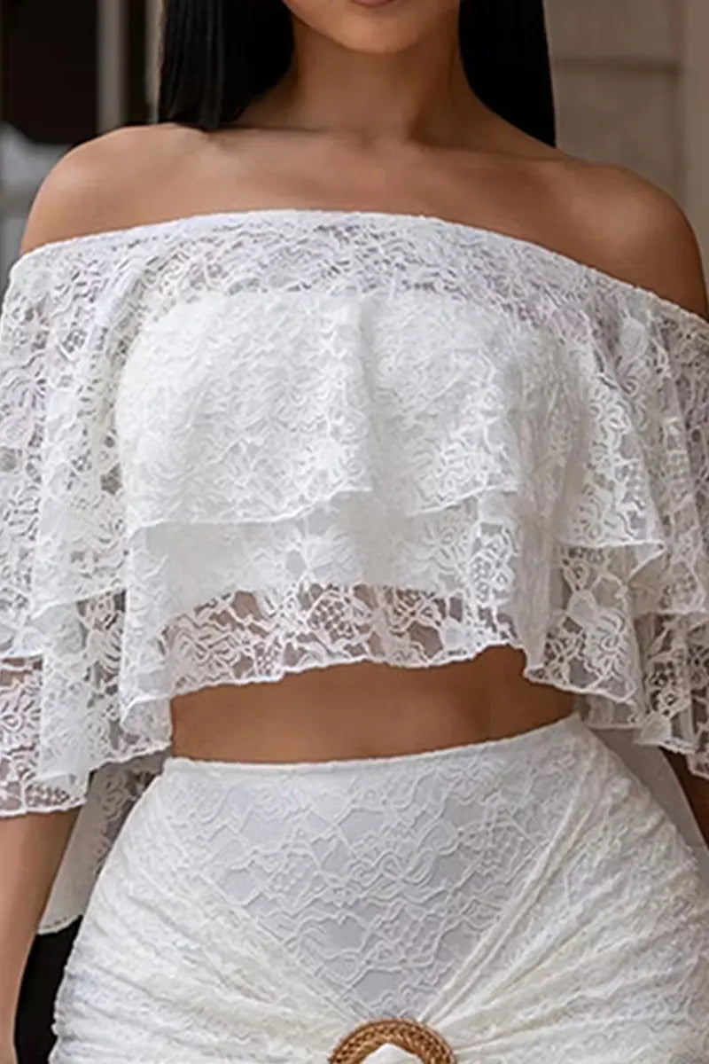 Women's Off Shoulder Lace Cropped Top Commuter Style Or Short Lace Bodycon Skirt