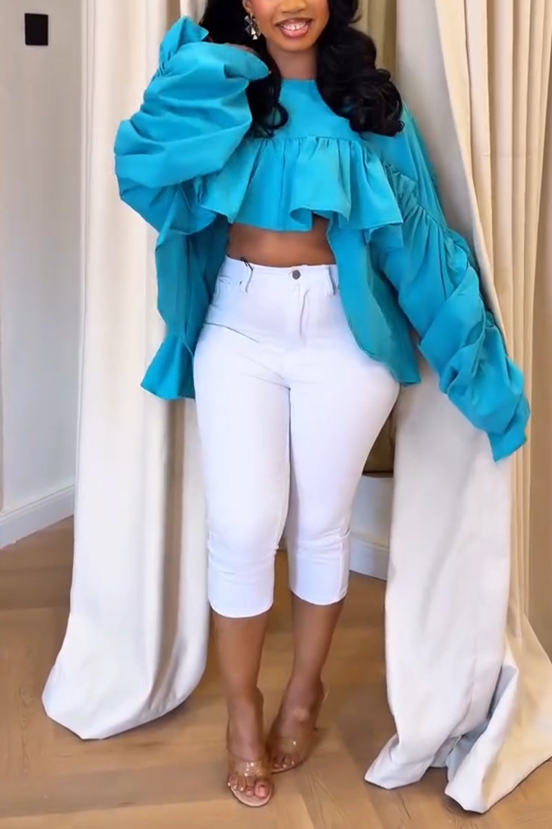 Women's Round Neck Spliced Solid Color Top or Tight Cropped Jeans