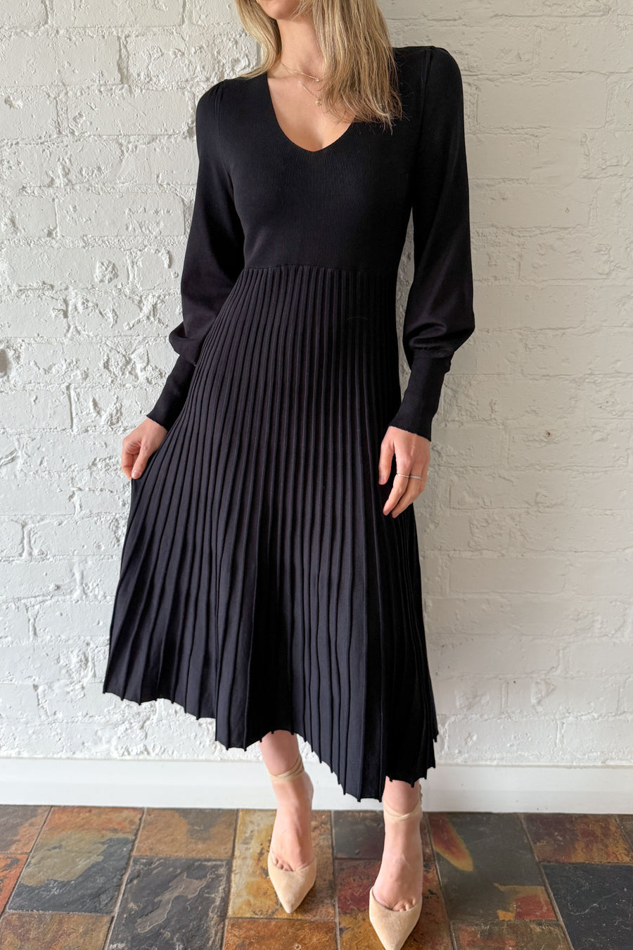 Ladies U-neck Patchwork Pleated Elegant Casual Dress