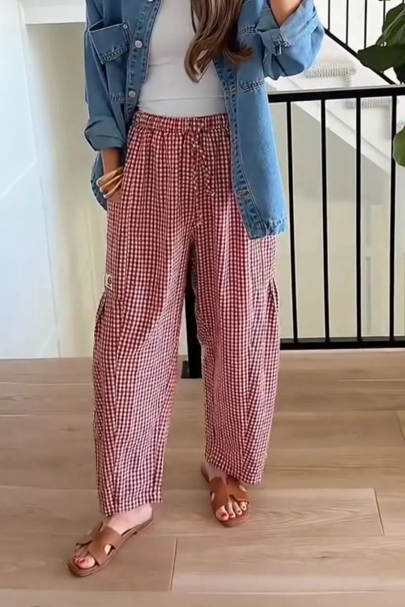 Women Drawstring Plaid Casual Loose Linen Pants