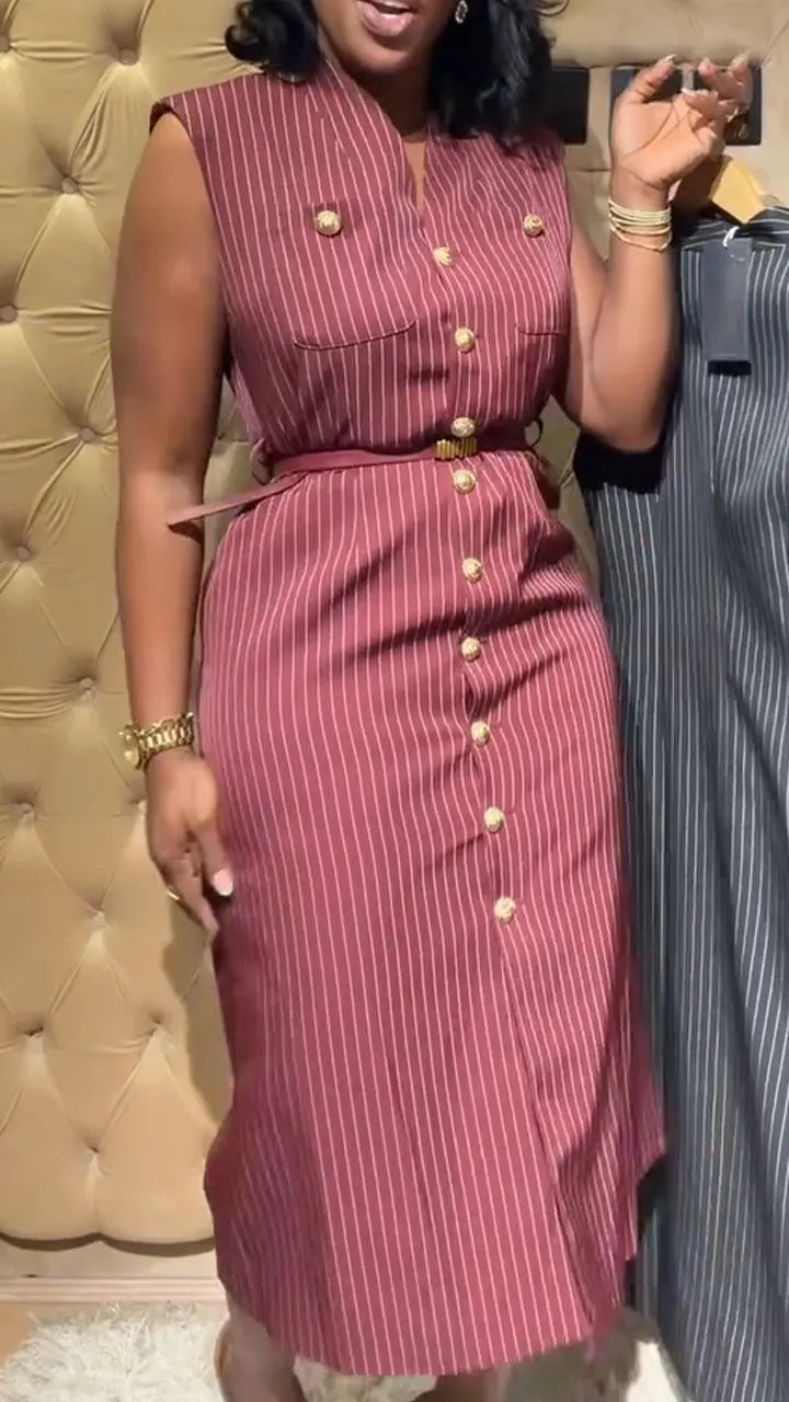 Women V-neck Sleeveless Breasted Vertical Stripe Elegant Temperament Dress