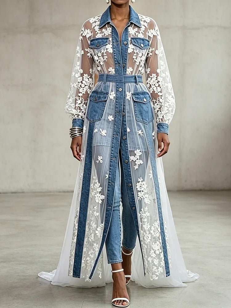 Vintage-style Blue Lace & Denim Maxi Dress â Collared, Sheer, With Lantern Sleeves And Contrast Accents