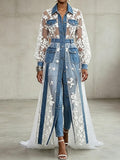 Vintage-style Blue Lace & Denim Maxi Dress â Collared, Sheer, With Lantern Sleeves And Contrast Accents