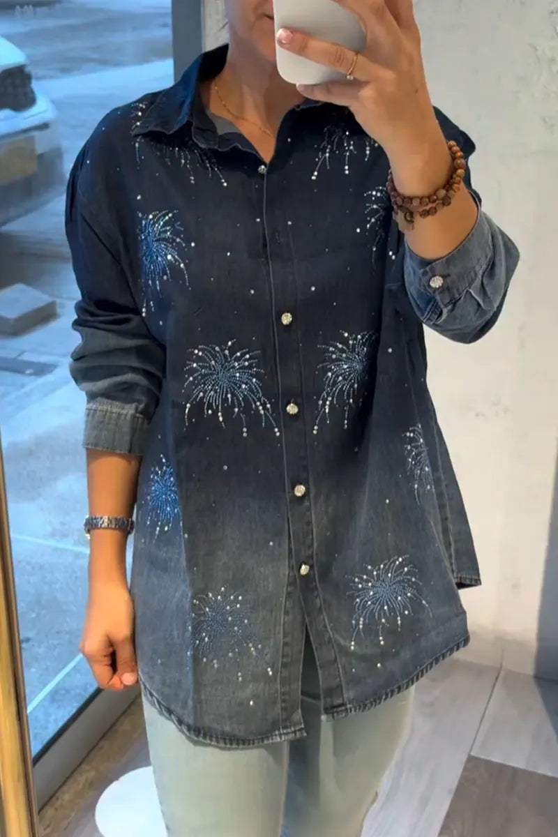 Women Casual Washed Denim Shirt with Rhinestone Firework Motif and Lapel Collar