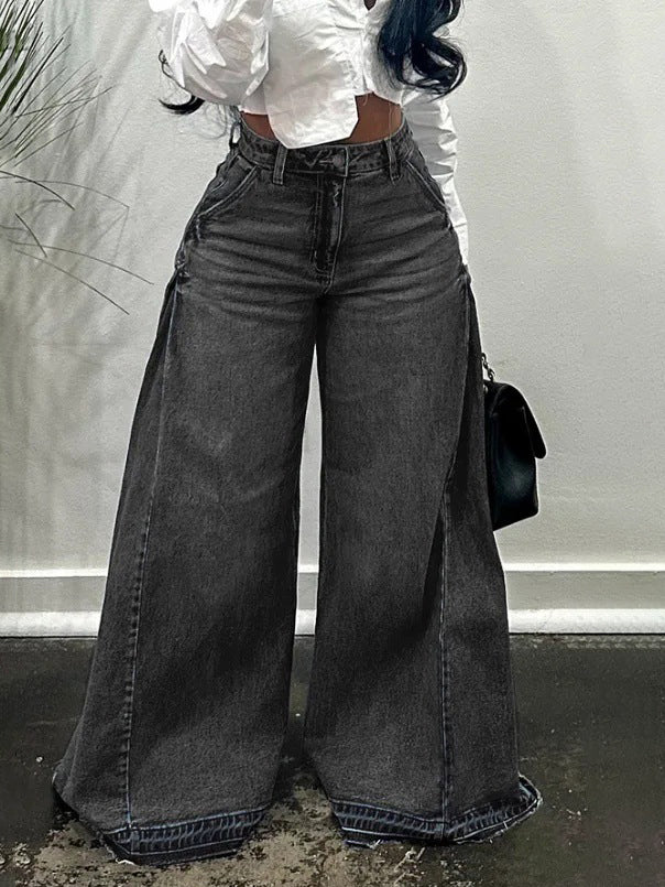 Casual Side Pleated Raw Trim Wide Leg Jeans