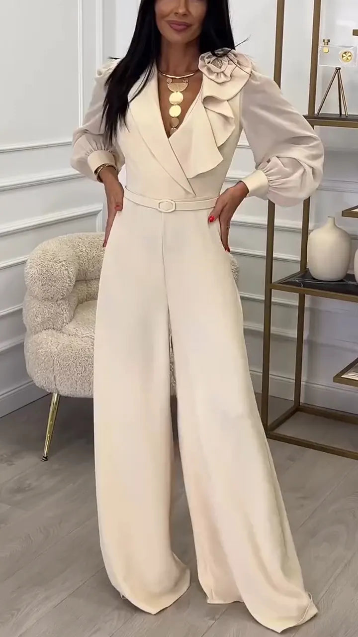 Women Lapel Printed Temperament Casual Jumpsuit