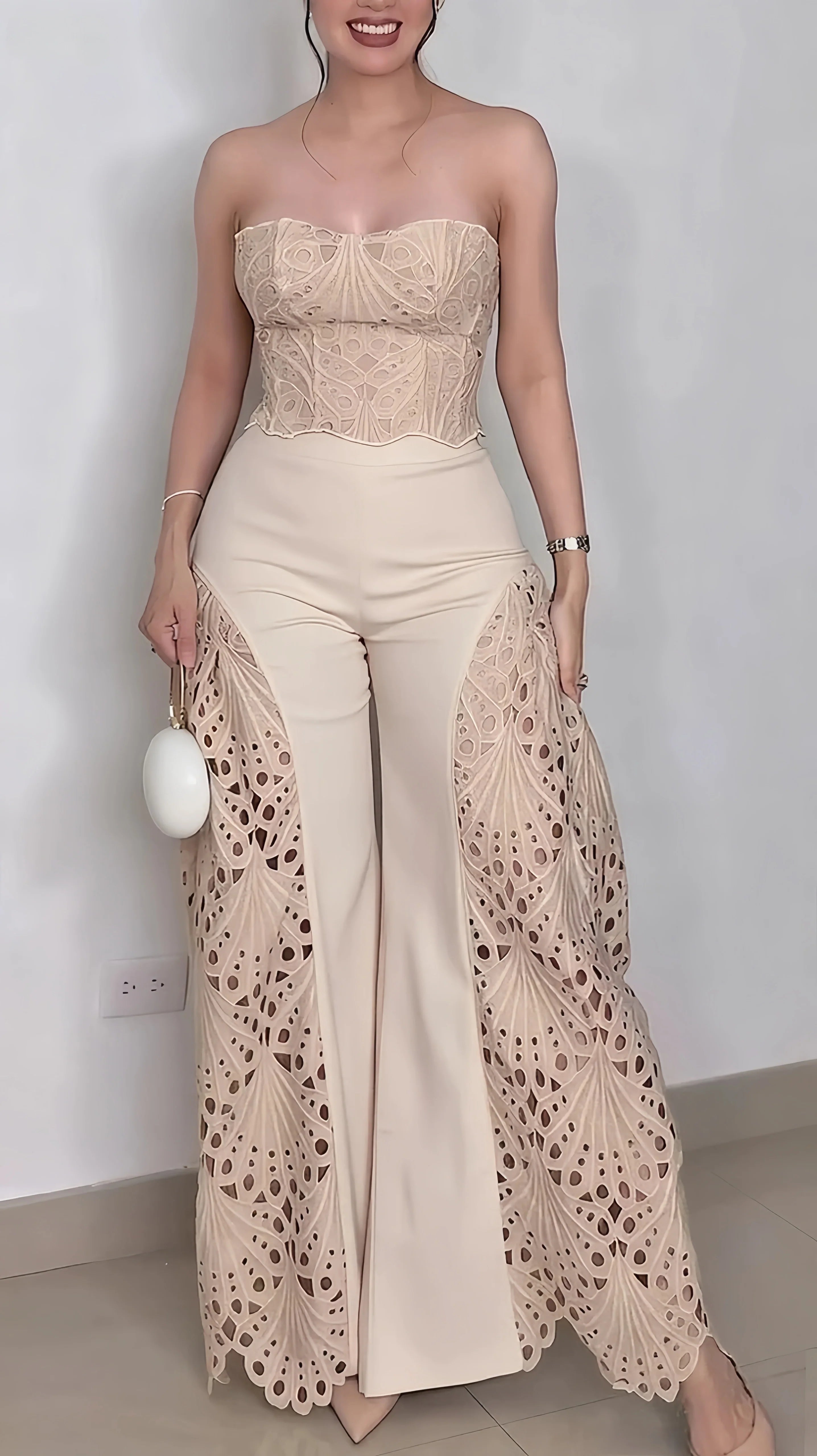 Beige Lace Cutout Strapless Corset & Wide-Leg Pants Set