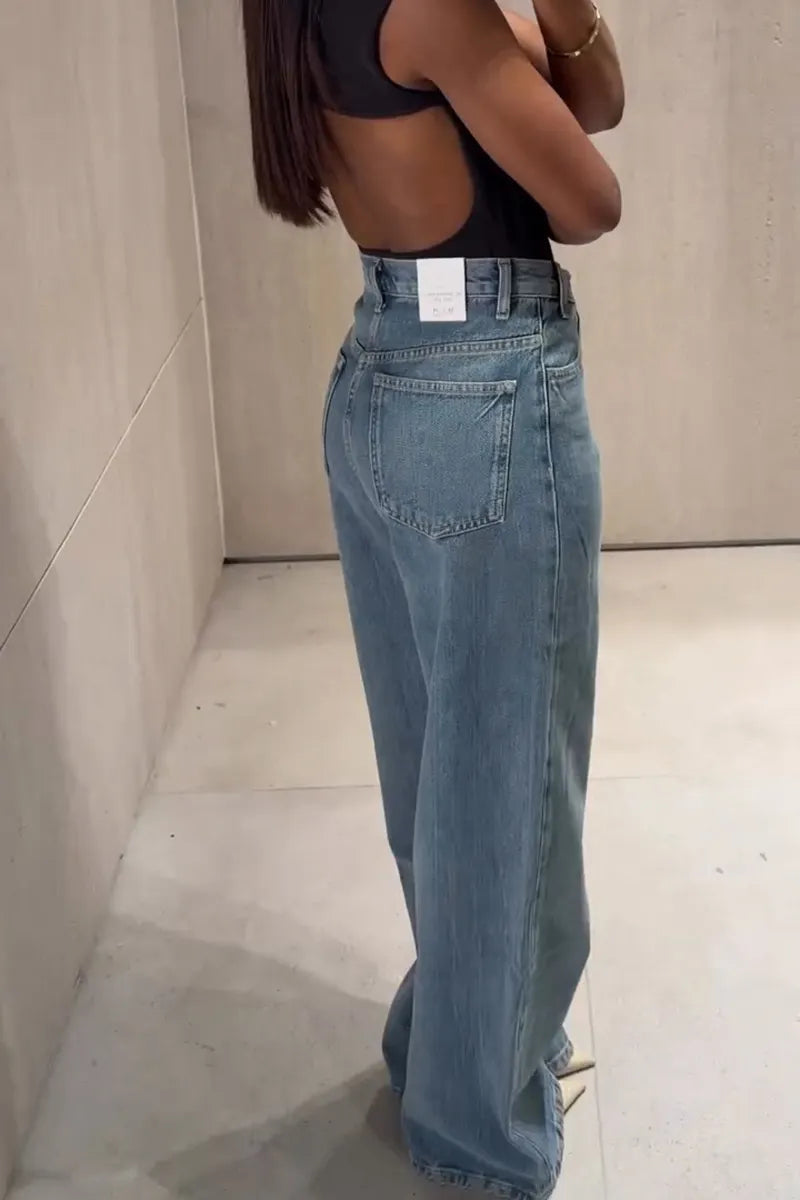 Women's Casual Asymmetric Fly Design Wide Leg Jeans