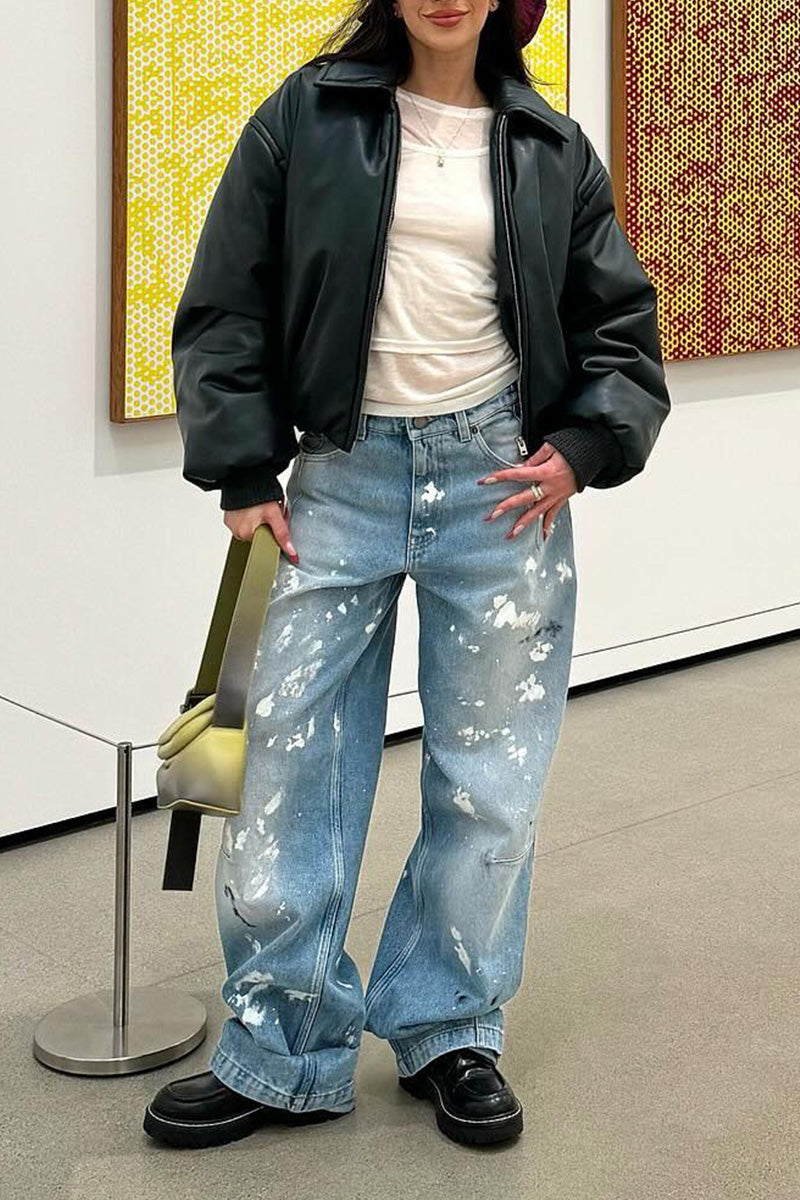 Ladies Edgy Graffiti Print Wide-Legs Jeans