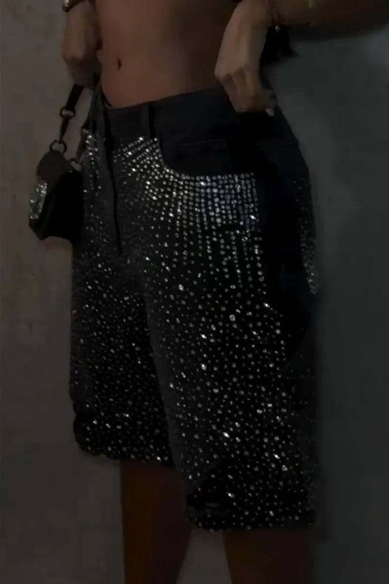 Ladies Rhinestone Embellished Denim Shorts Full Coverage