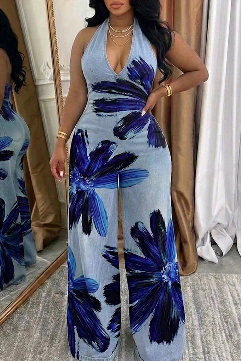 Women's Elegant Printed Backless Denim Jumpsuit