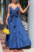 Women's Fashion Tiered Flounce-Hem Denim Dress with Belt