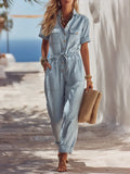 Casual Coastal Light Blue Denim Loose Collared Short-Sleeved Multi-Pocket Drawstring Jumpsuit