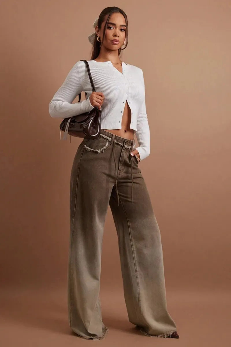 Women's Casual Front Button Pocket Frayed Hem Jeans