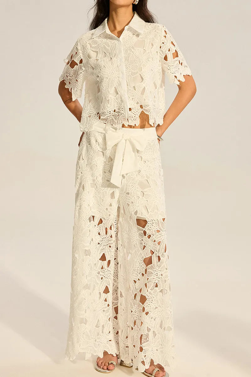 Women's Hollowed Out Collar Short Sleeved Vacation Top Or Hollow Out Textured Wide Leg Trousers