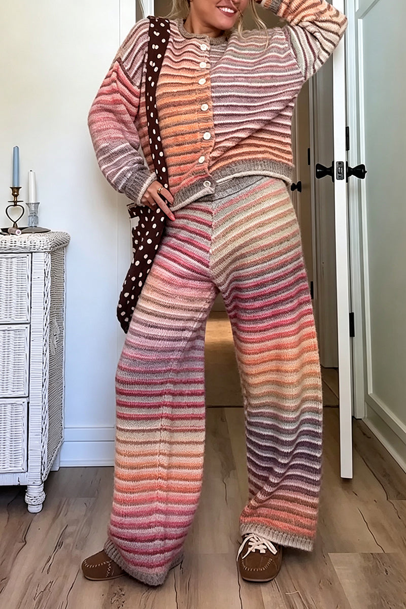 Women's Casual Colorful Stripe Loose Knit Cardigan or Pants