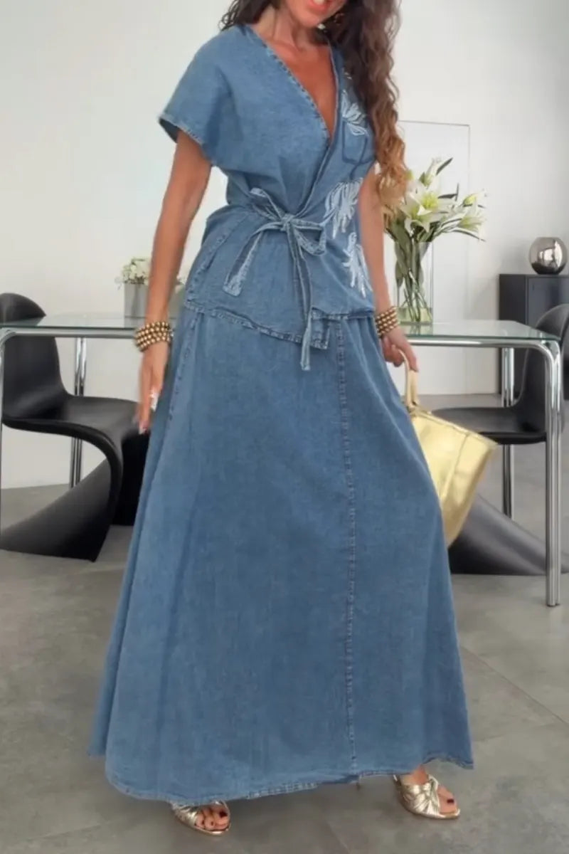 Women's V-neck Strap Embroidered Denim Wash Top or Denim Skirt
