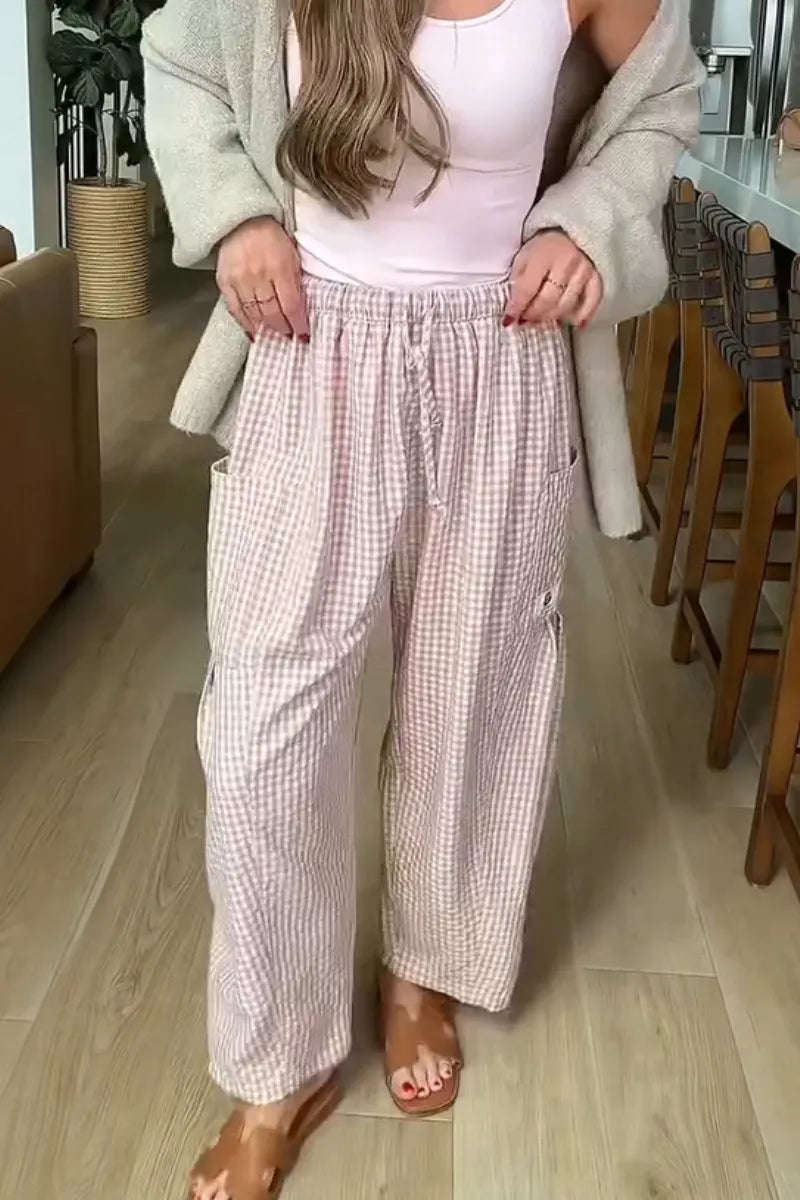 Women Drawstring Plaid Casual Loose Linen Pants