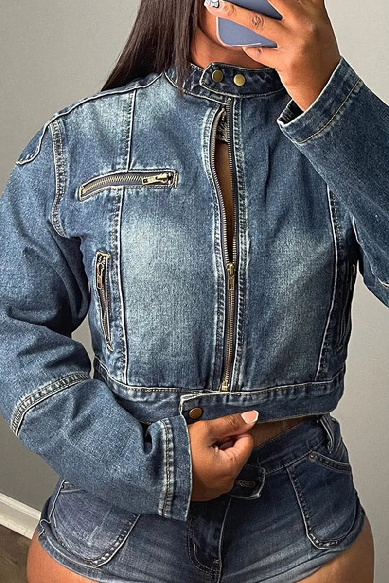 Women's Casual Long Sleeve Denim Jacket Or Casual Short Denim Shorts