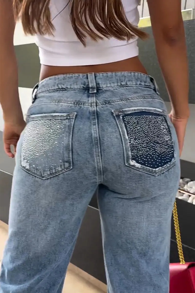 Women's Casual Distressed Rhinestone Jeans