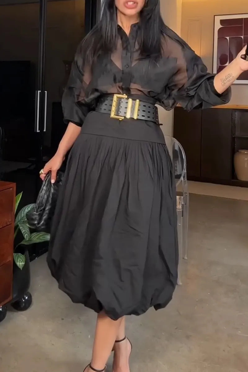 Women's Collar See Through Shirt+ Half Skirt Elegant Temperament Set