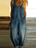 Buttoned Pockets Solid Color Split-Joint Loose Plus Size U-Neck Overalls