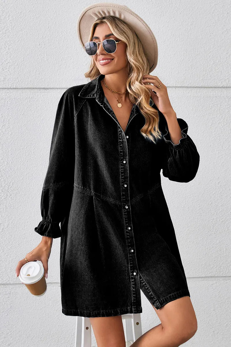 Casual Puff Sleeve Loose Fit Washed Denim Dress
