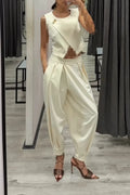 Women Round Neck Patchwork Sleeveless Top+ Pants Casual Suit