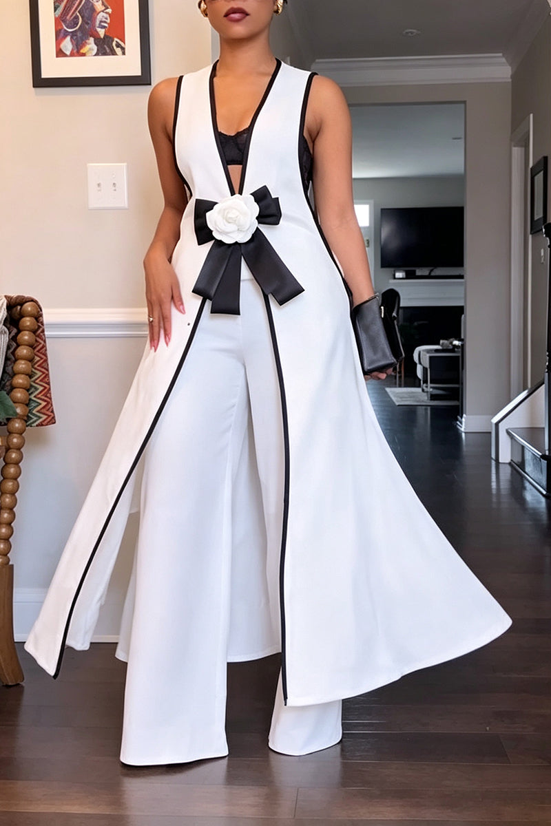 Women's Fashion Color Block Fabric Edge Vest Pants Two-Piece Set