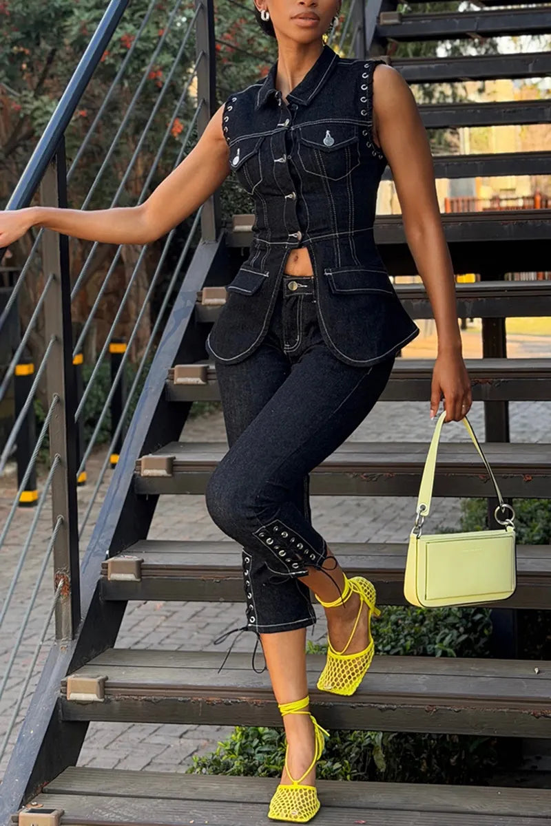 Women's Fashion Button Denim Vest or Slim Denim Shorts