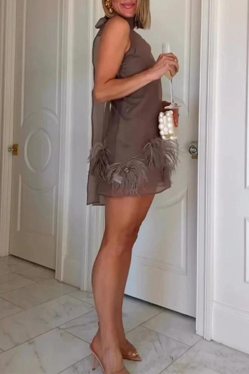 Women's Inner Strap Dress+Perspective Splicing Tassel Dress Elegant and Casual Two Piece Set