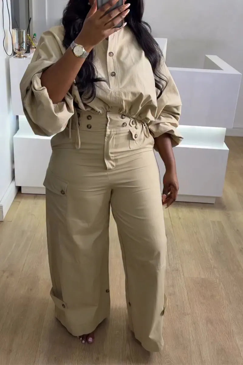 Women's Round Neck Top+ Double Breasted Wide Leg Pants Casual Set