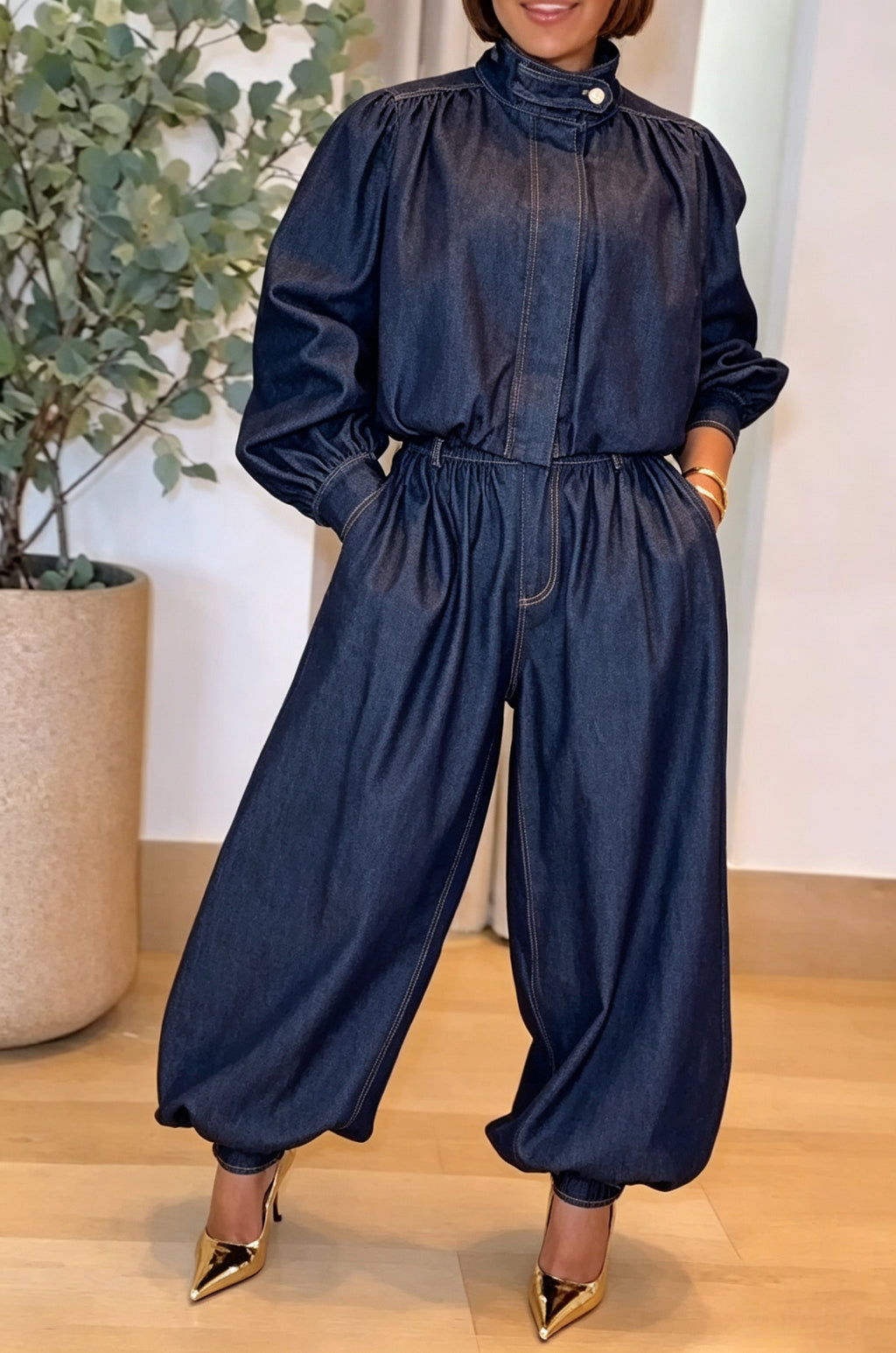 Women's Casual Puff Sleeve Denim Jacket or Loose Elastic Cuff Jeans