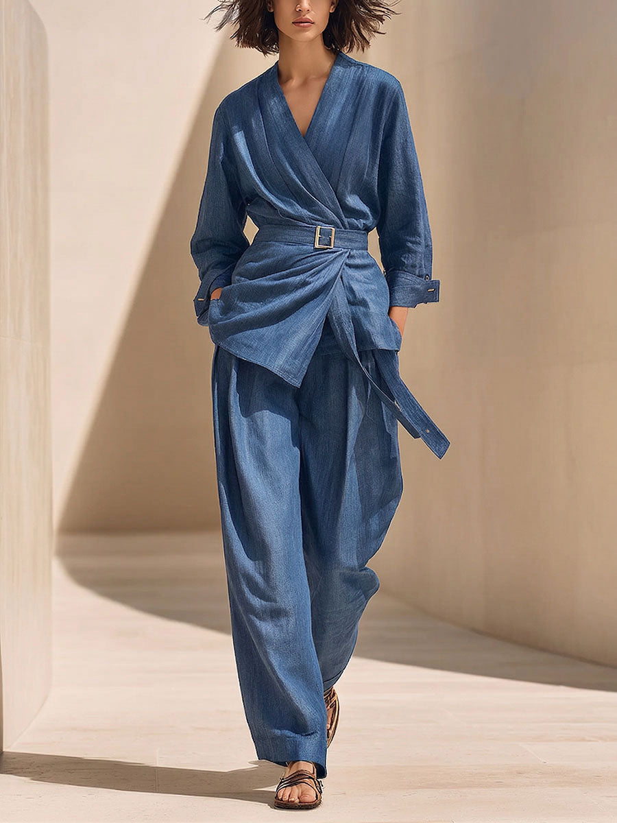 Women's Casual Denim Set: Loose-fit Long-sleeve V-neck Top & High-waisted Wide-leg Pants