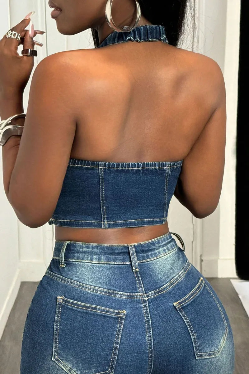 Women's Washed Denim Halter Lace-Up Crop Top Or Capri Pants