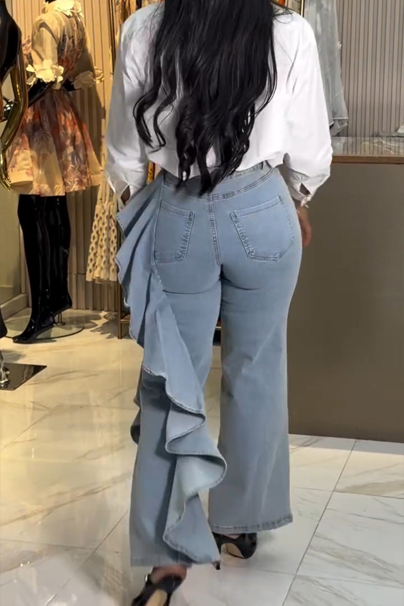 Women's Fashion One-Side Ruffle Patchwork Straight Jeans
