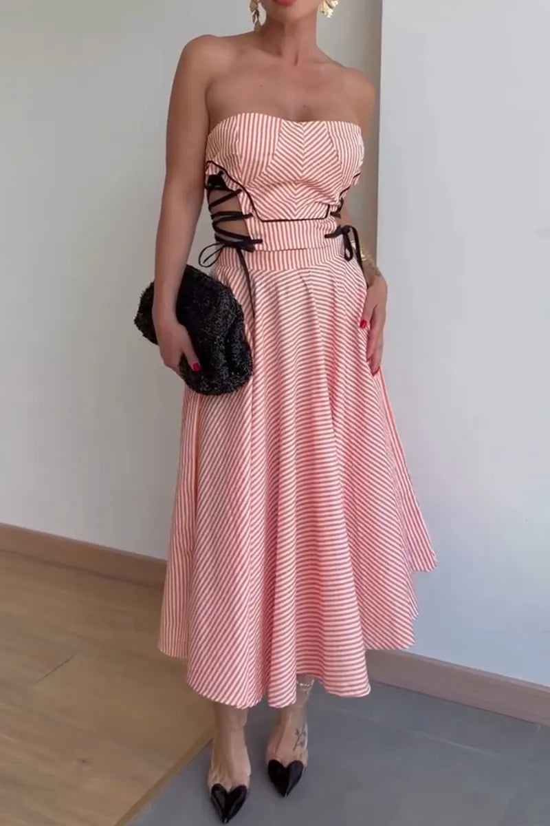 Women's Casual Vacation Side Tie Strapless A-Line Skirt Stripe Two-Piece Set