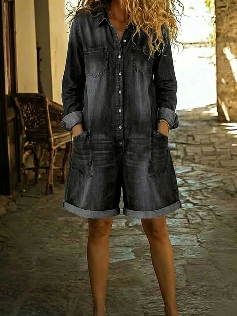 Women's Casual Cotton Denim Jumpsuit Shorts