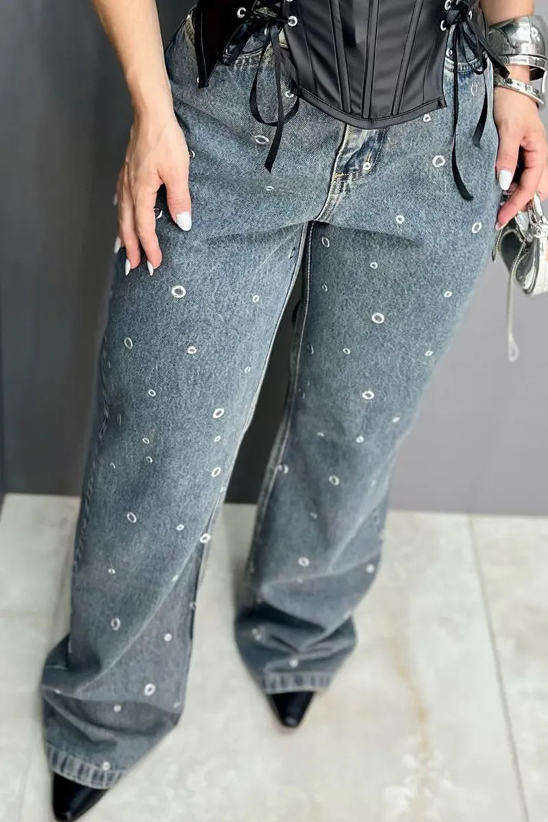 Women's Acid Wash Denim Pants with Eyelet Embellishments & Side Slit