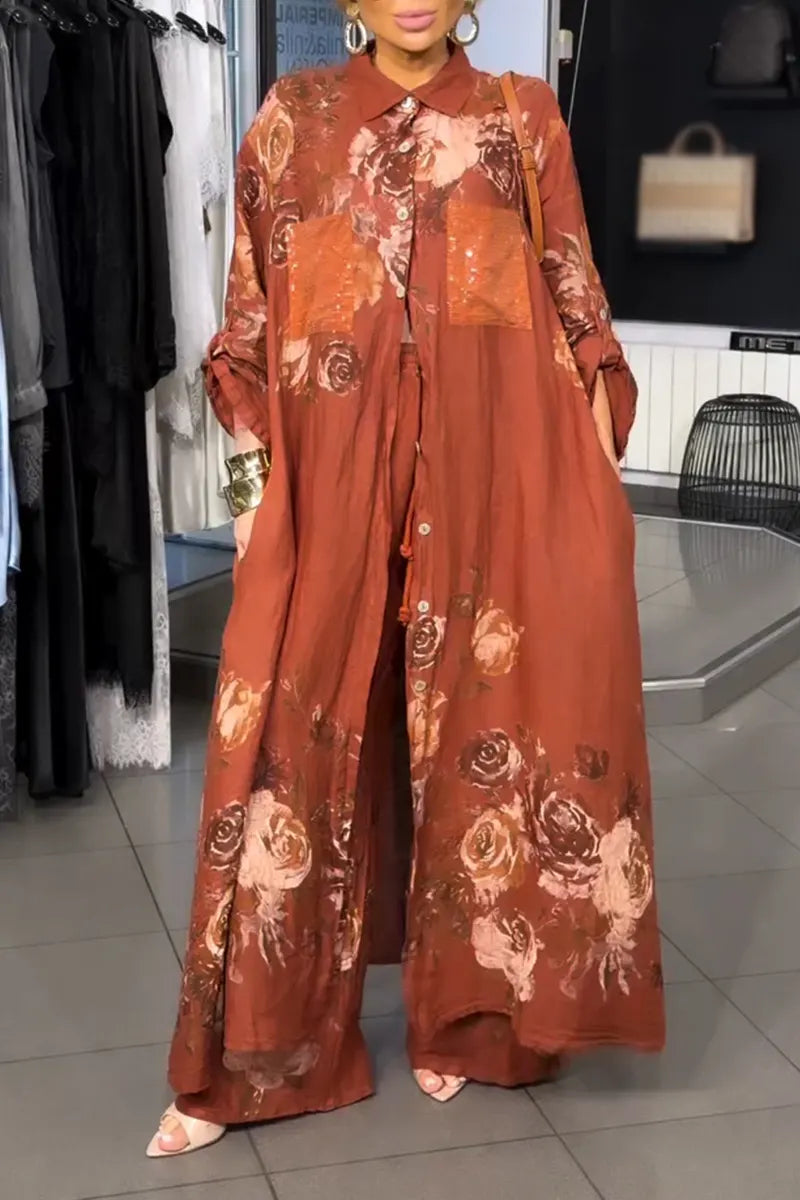 Women Collar Printed Long Cardigan+ Wide Leg Pants Loose Casual Suit