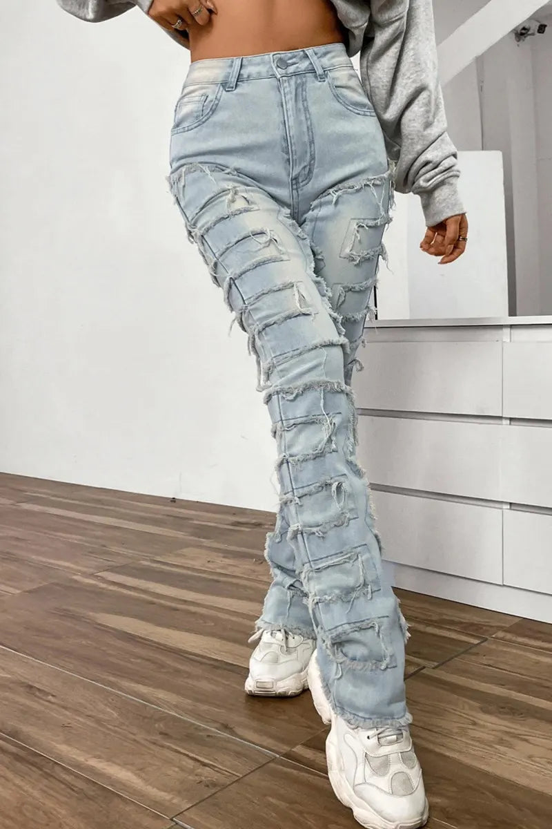 Women's Street Style Distressed Raw Hem Layered Patchwork Jeans
