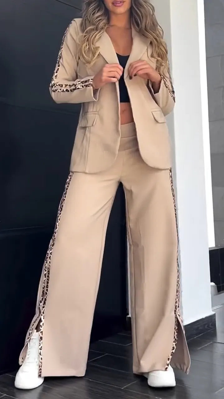 Women Lapel Side Vertical Stripe Print Jacket + Pants Temperament Commuter Suit