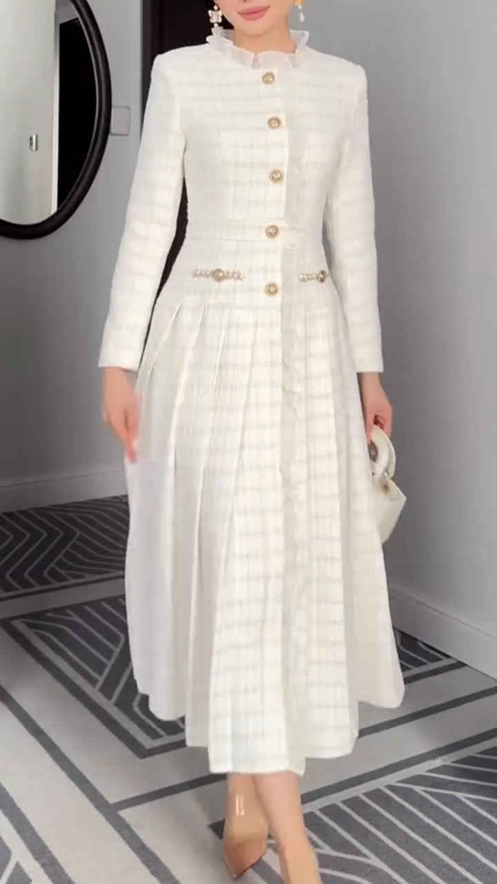 Women Round Neck Lace Button-down Plaid Elegant Temperament Dress